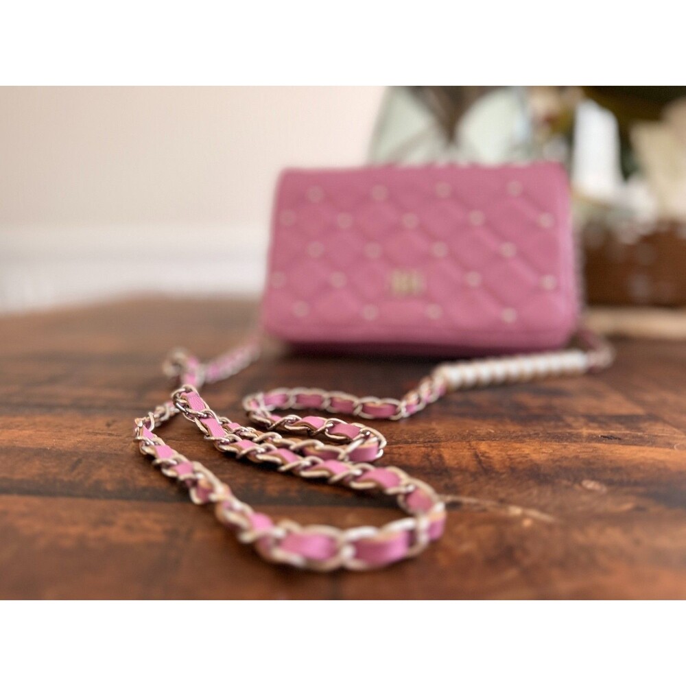 Badgley Mischka Pink Diamond Quilted Pearl Flap Crossbody Shoulder Bag - Picture 7 of 8